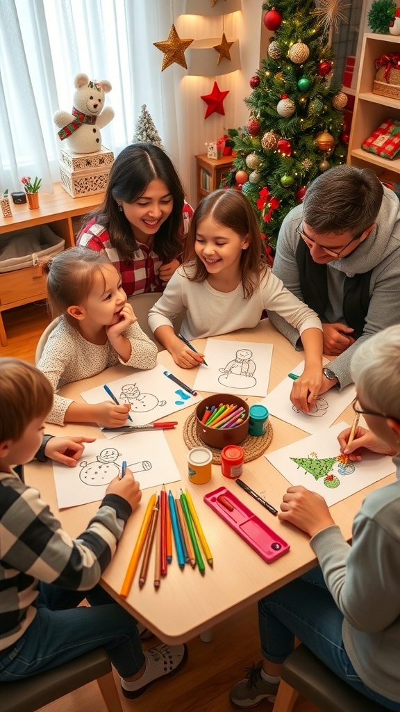 A family enjoying Christmas drawing activities together, surrounded by festive decorations and art supplies.